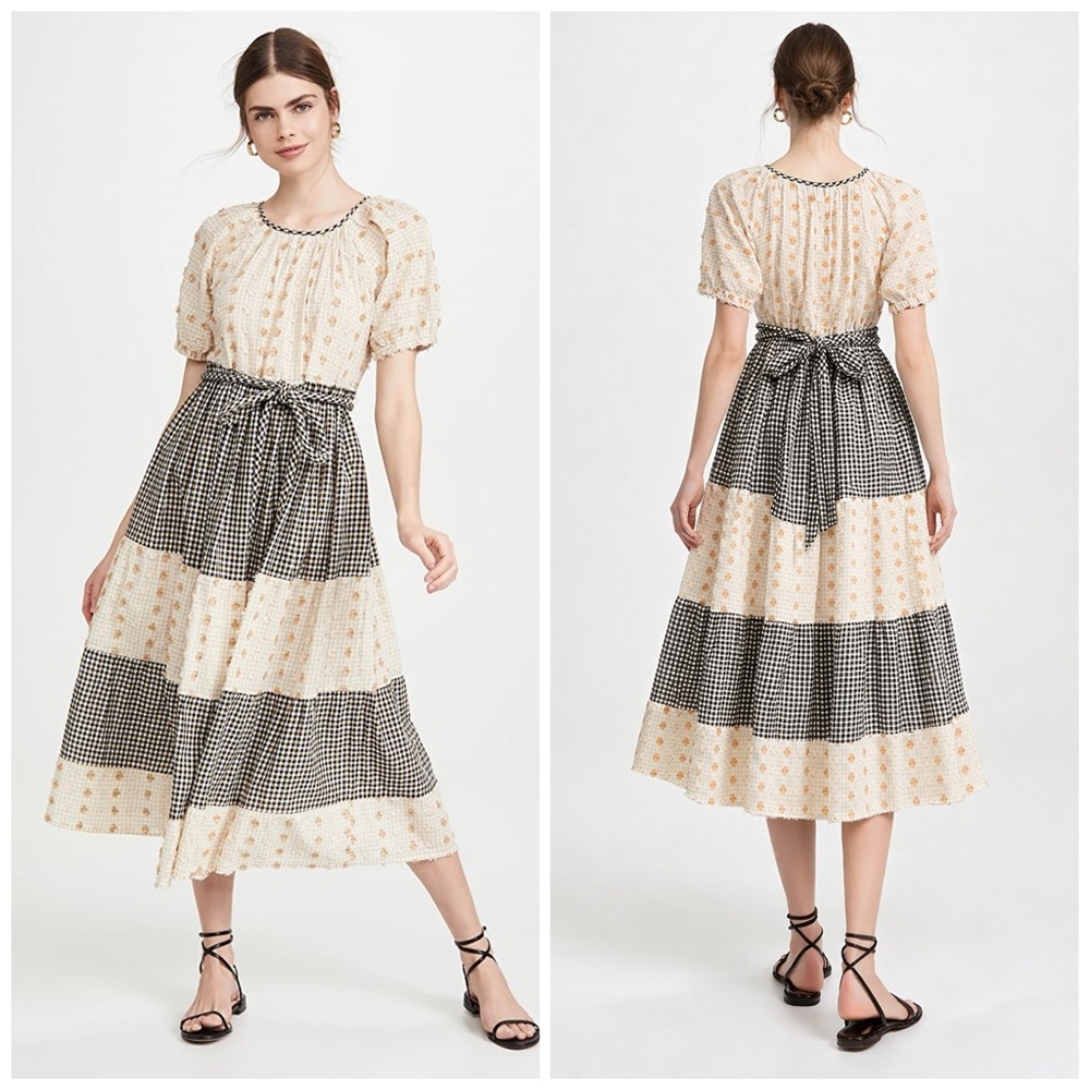 Ace & Jig Noah Dress Fitzroy M NWT Gingham Tiered Midi Cream Floral Embroidered